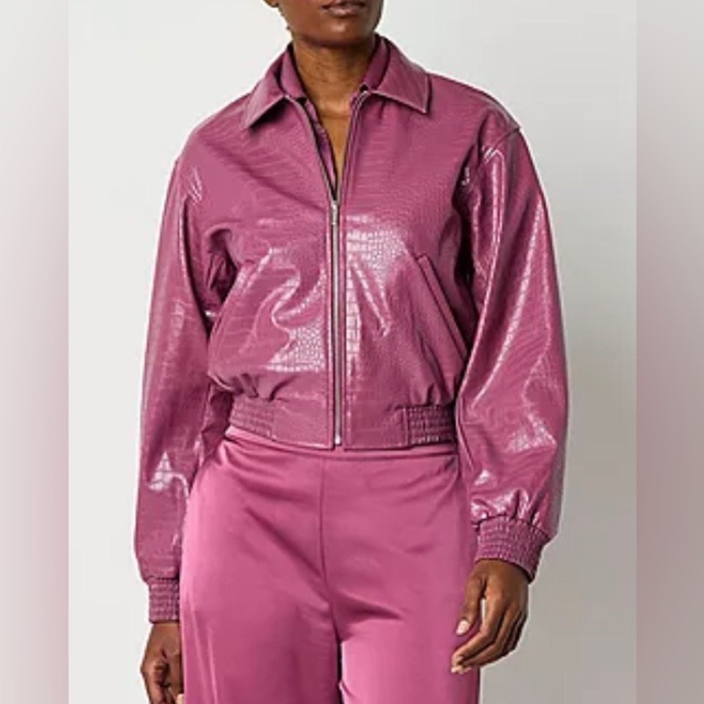 Worthington Women's XL Bomber Jacket Plum Purple Croc Embossed Faux Leather Zip